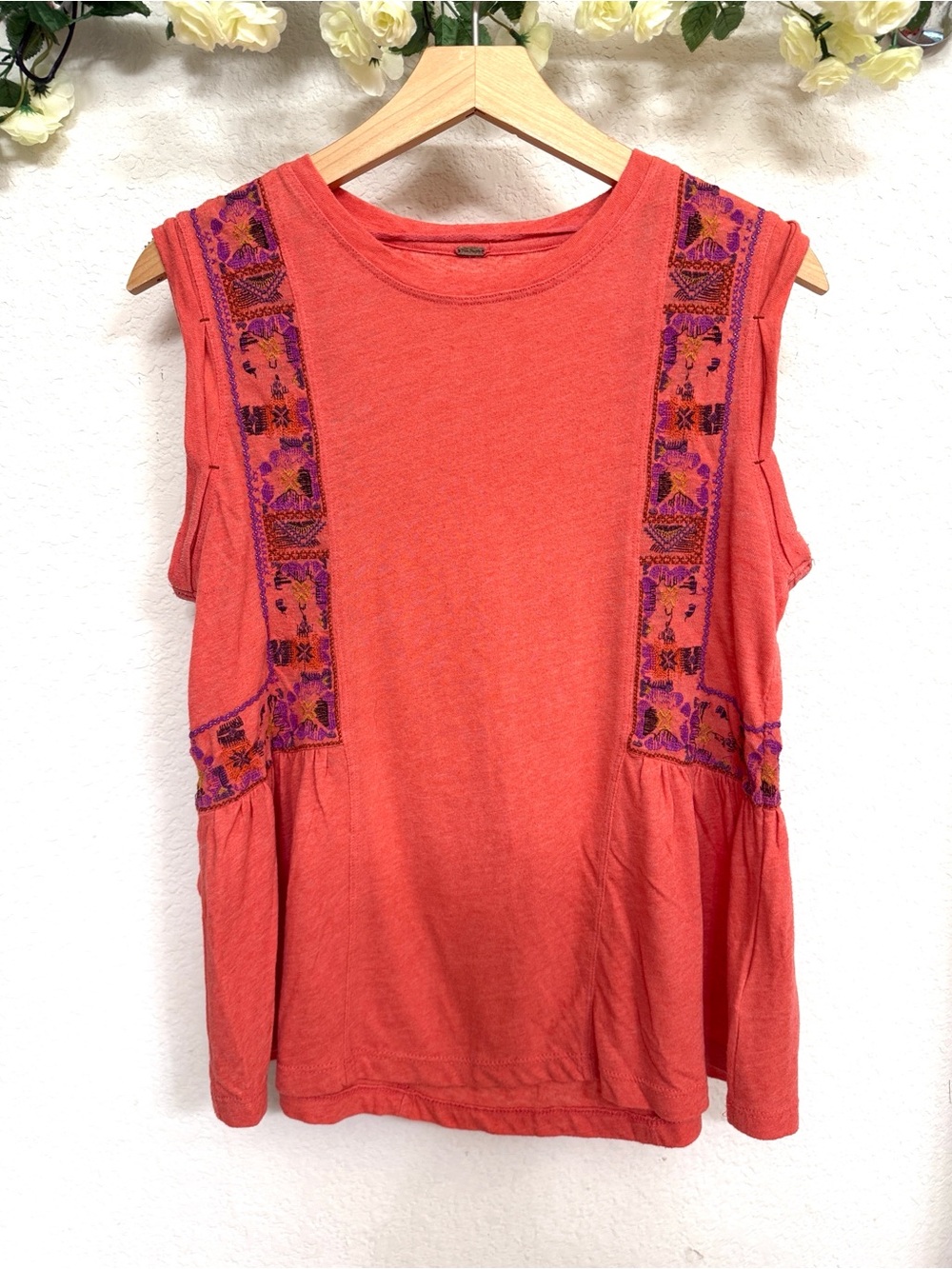 Free People • Vibrant Coral Embroidered Cotton Blend Boho Western Sleeveless Top